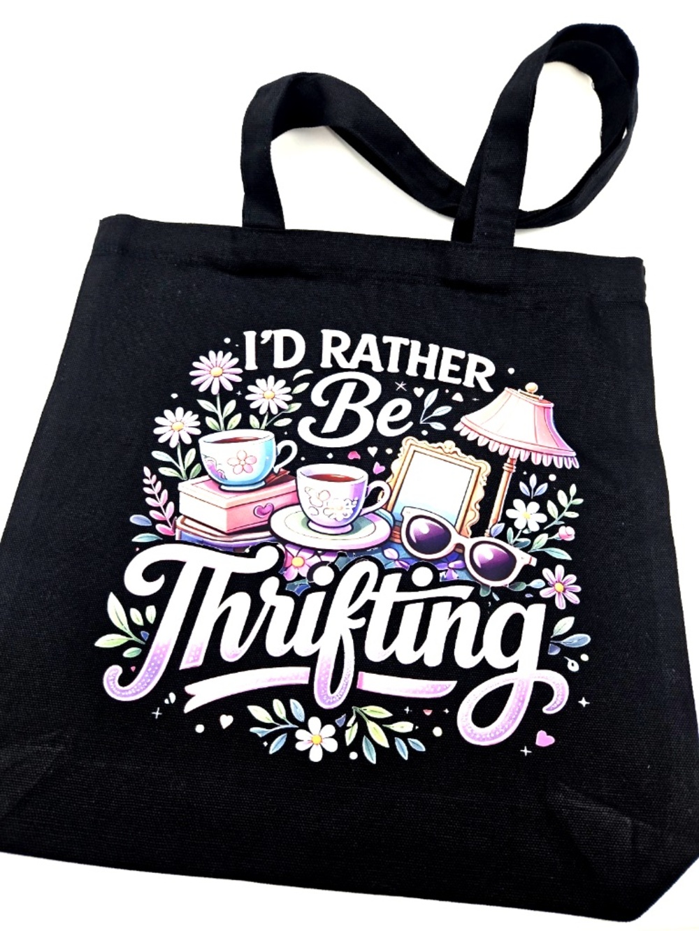 Tote Bag Graphic Canvas Id Rather Be Thrifting Black Carry Handle 13.5x13.5in - Picture 6 of 6